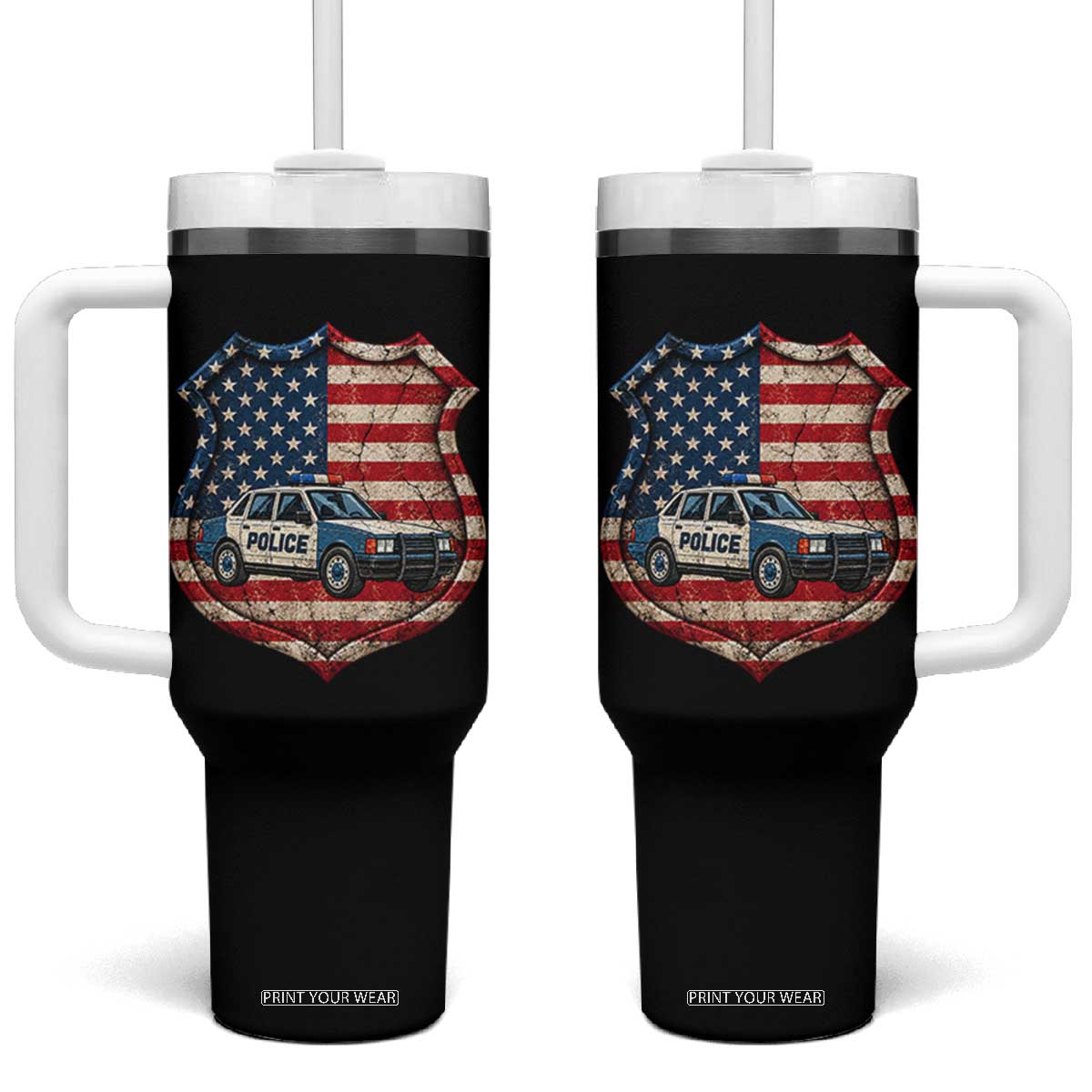 Vintage Police Shield US Flag Tumbler With Handle Patriotic Law Enforcement Car