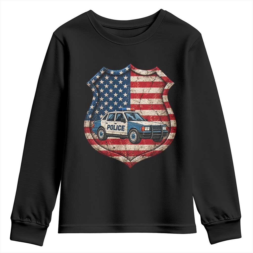 Vintage Police Shield US Flag Youth Sweatshirt Patriotic Law Enforcement Car