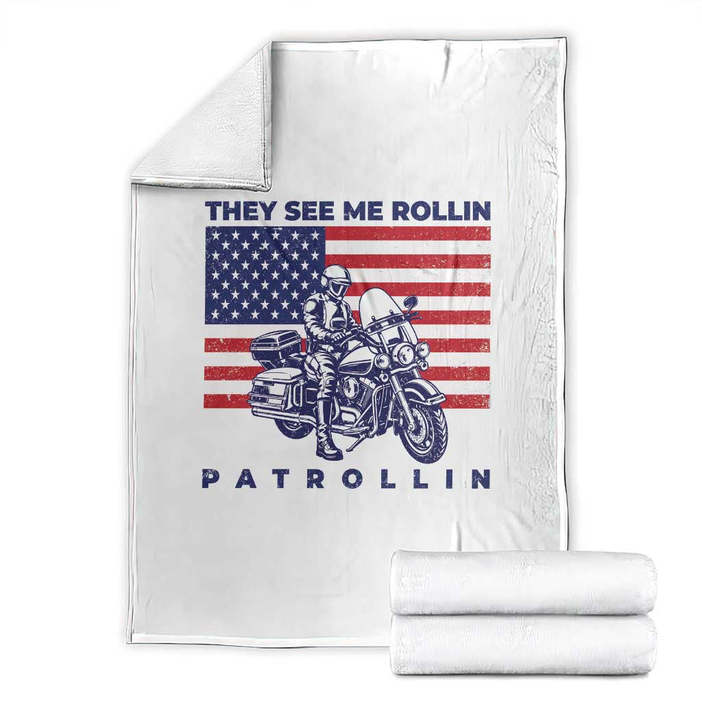 Patriotic Police Biker Motorcycle US Flag Throw Blanket They See Me Rollin Patrollin