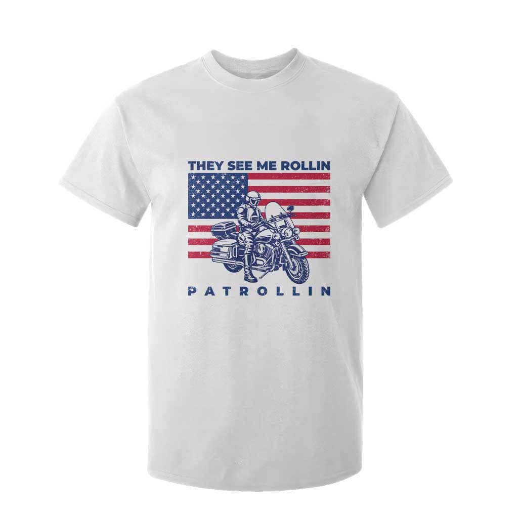 Patriotic Police Biker Motorcycle US Flag T Shirt For Kid They See Me Rollin Patrollin