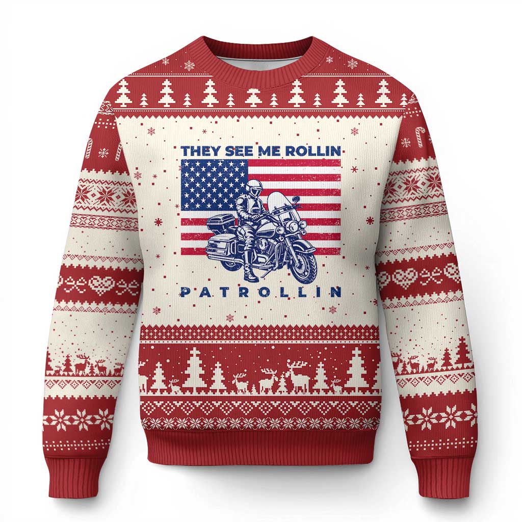 Patriotic Police Biker Motorcycle US Flag Ugly Christmas Sweater They See Me Rollin Patrollin