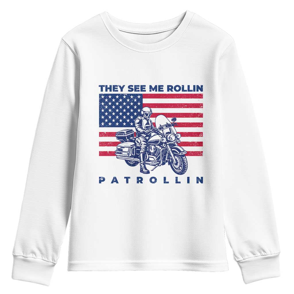 Patriotic Police Biker Motorcycle US Flag Youth Sweatshirt They See Me Rollin Patrollin