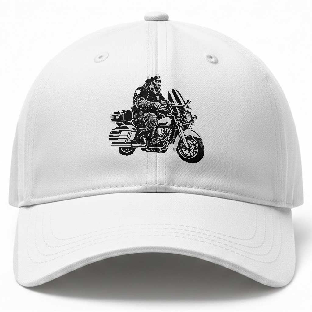 Funny Bigfoot Police Riding Motorcycle Patrol Biker Cryptid Baseball Cap