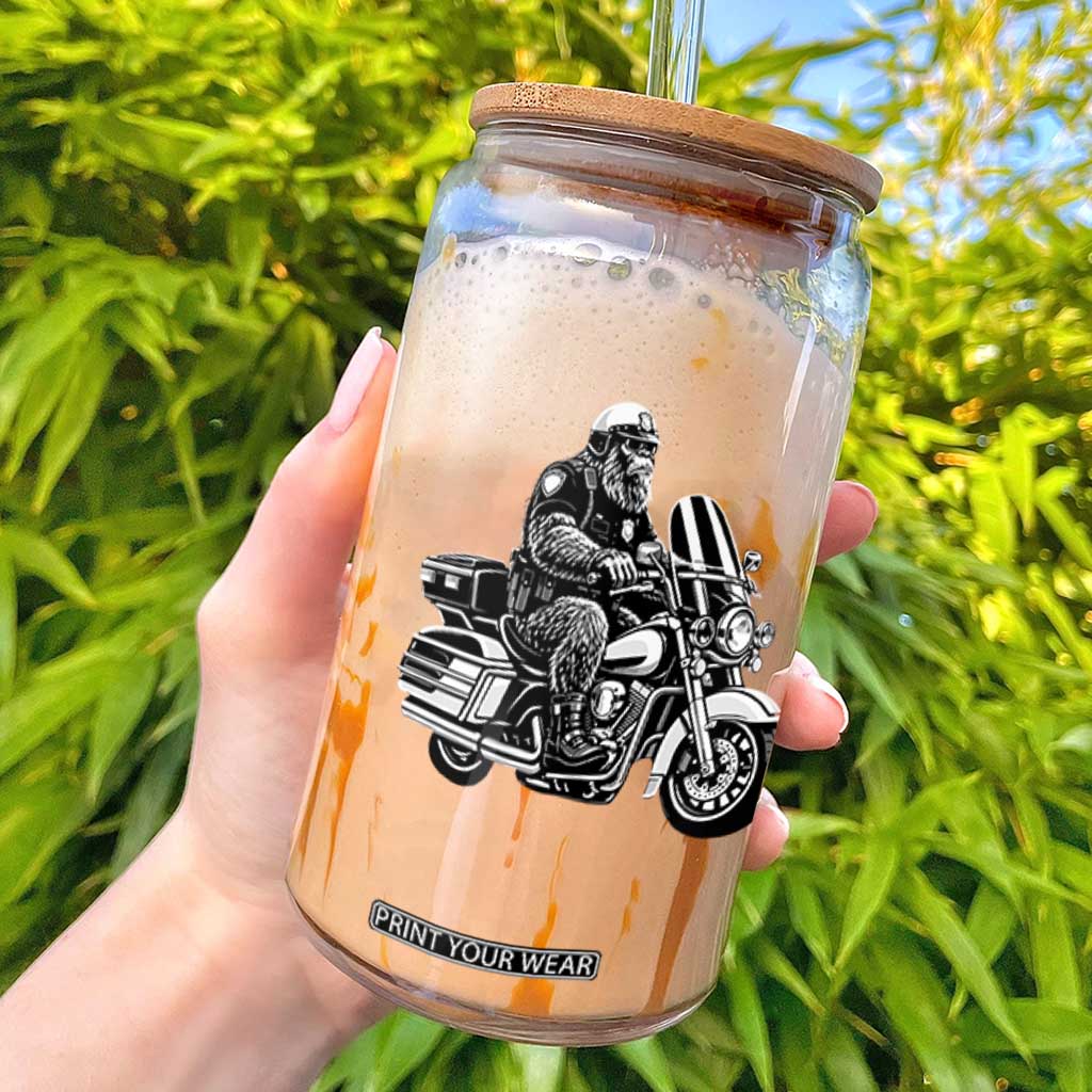 Funny Bigfoot Police Riding Motorcycle Patrol Biker Cryptid Glass Can