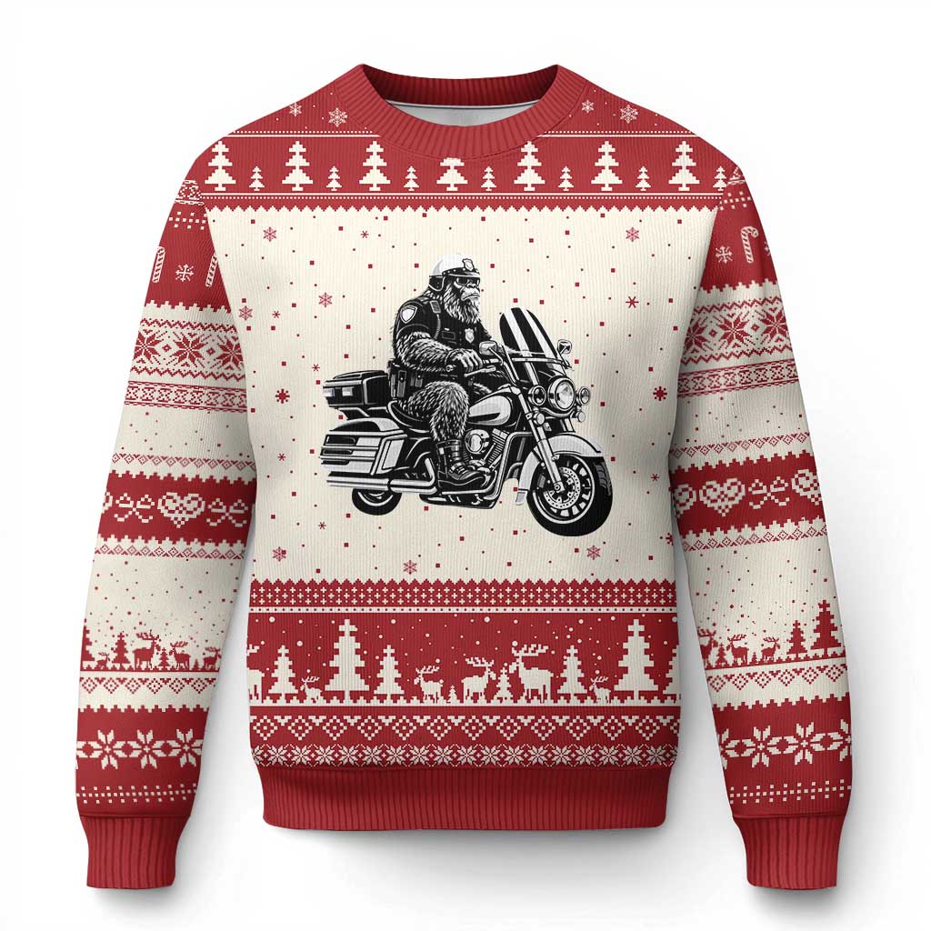 Funny Bigfoot Police Riding Motorcycle Patrol Biker Cryptid Ugly Christmas Sweater