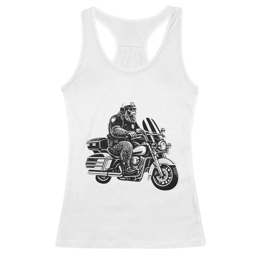 Funny Bigfoot Police Riding Motorcycle Patrol Biker Cryptid Racerback Tank Top