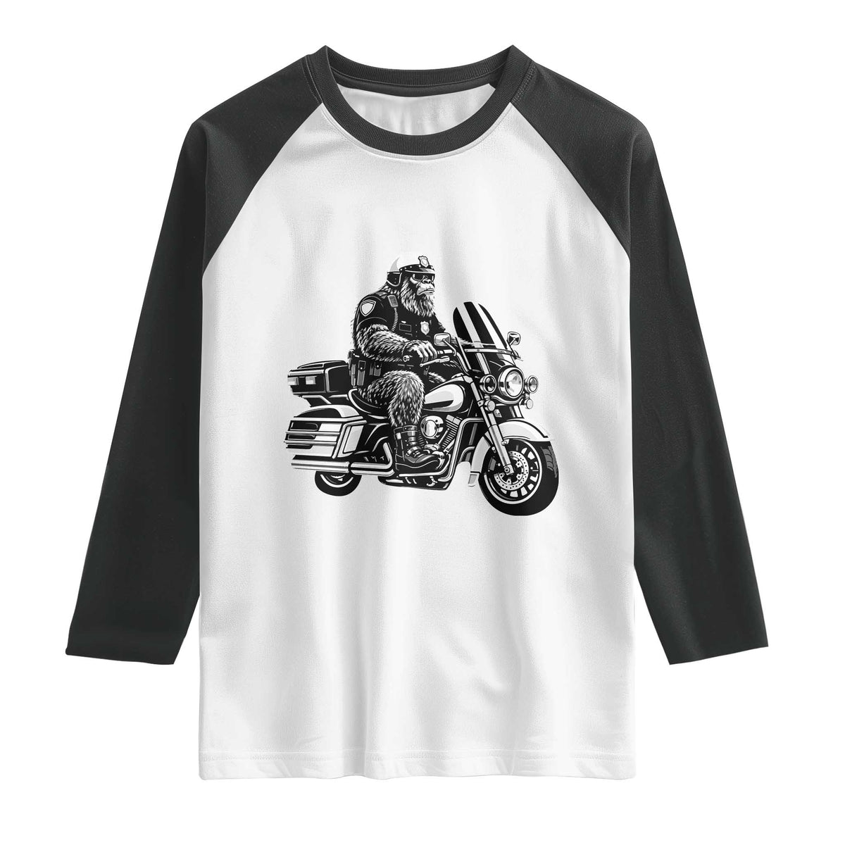 Funny Bigfoot Police Riding Motorcycle Patrol Biker Cryptid Raglan Shirt
