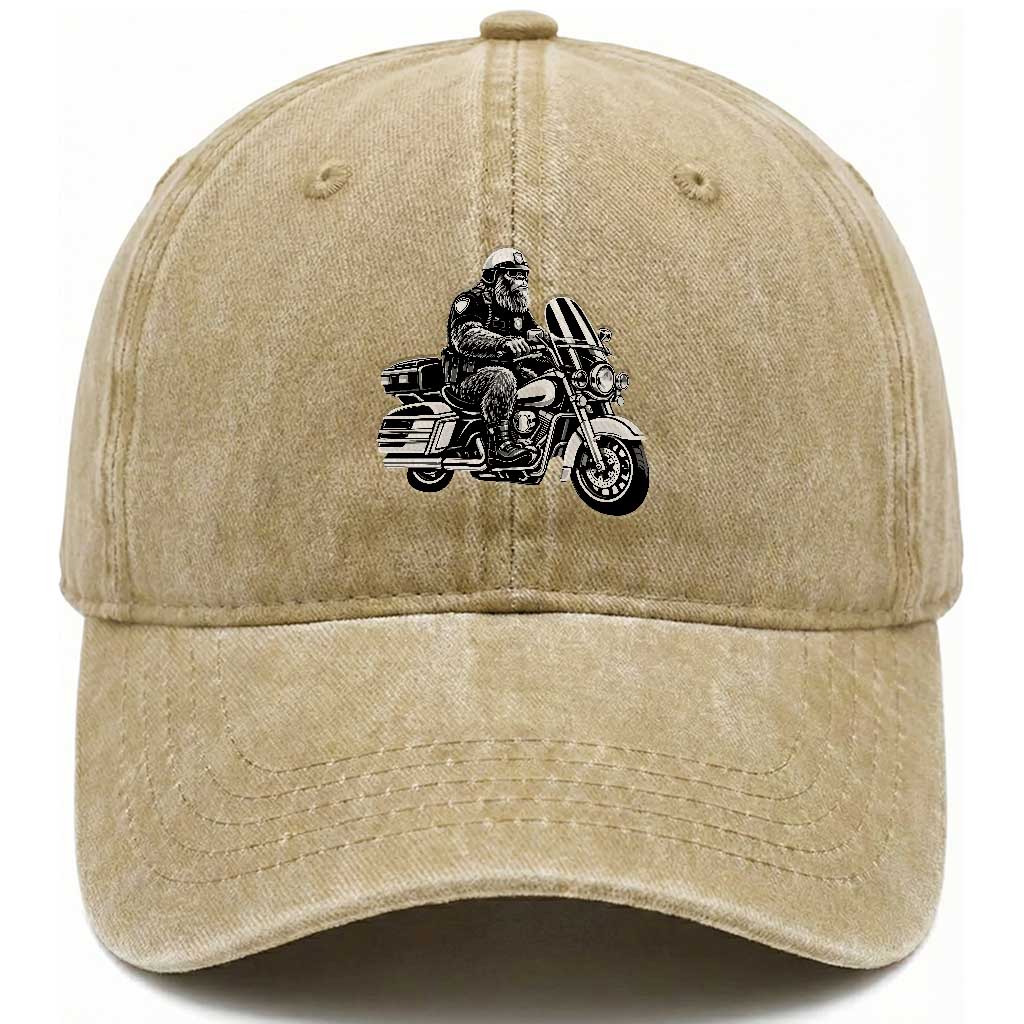 Funny Bigfoot Police Riding Motorcycle Patrol Biker Cryptid Washed Cotton Baseball Cap