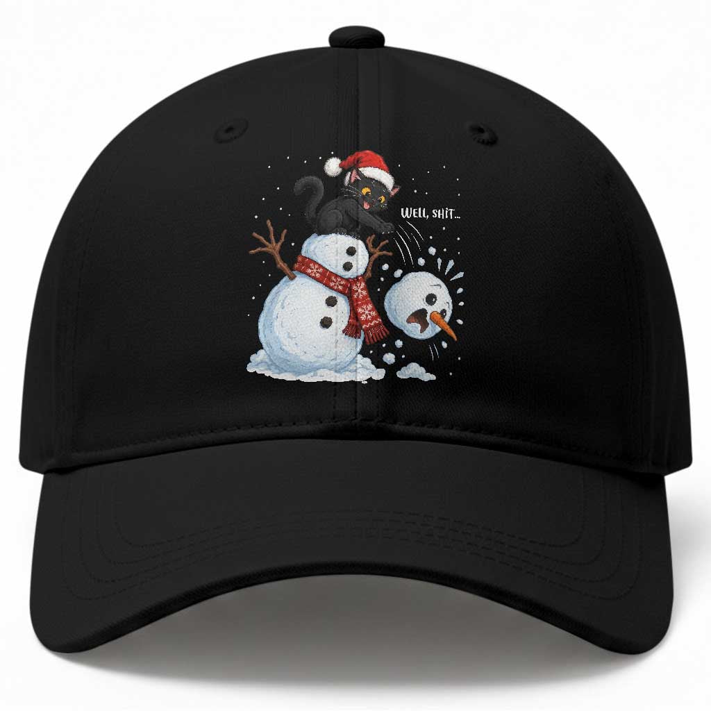 Funny Well Shit Black Cat Baseball Cap Knocking Over Snowman Head Christmas