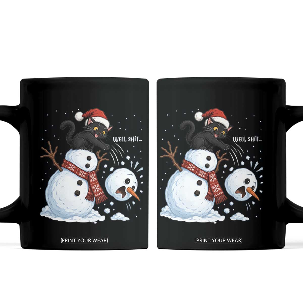 Funny Well Shit Black Cat Coffee Mug Knocking Over Snowman Head Christmas