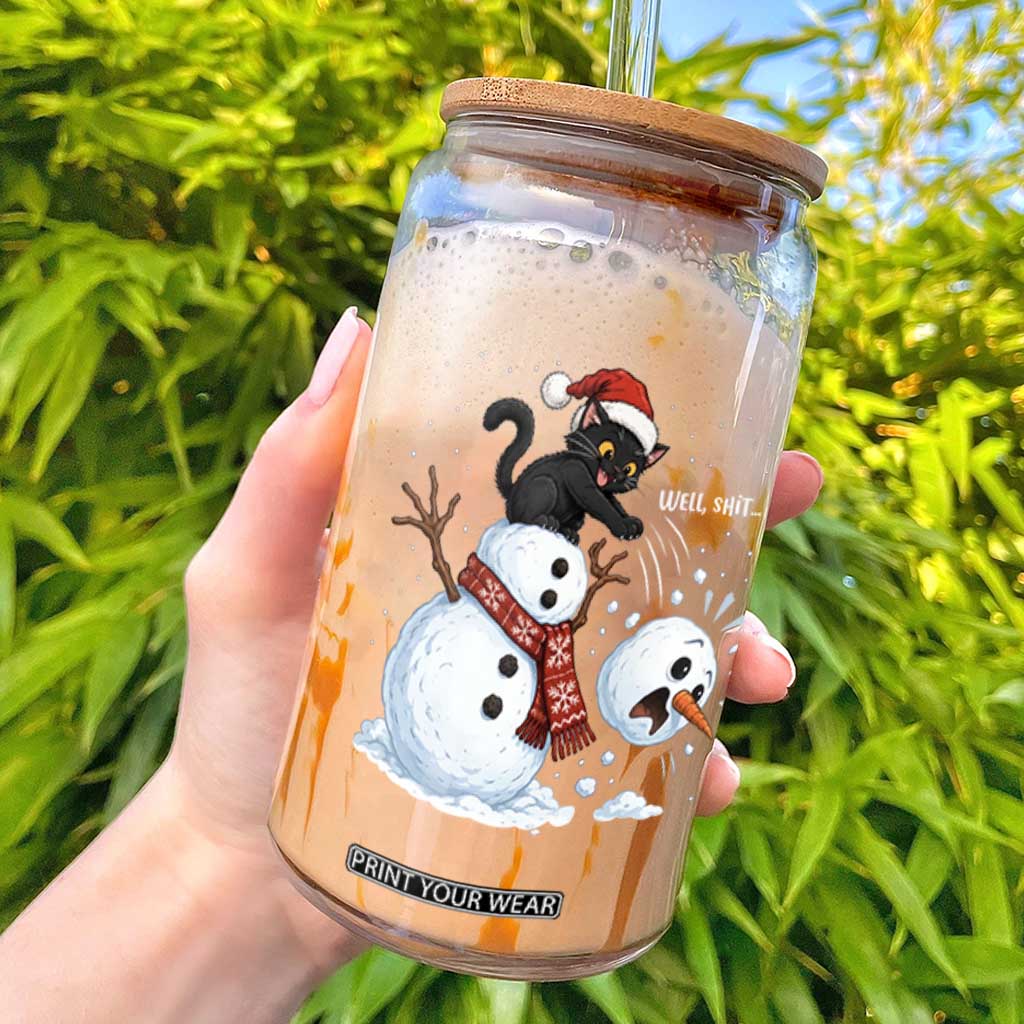 Funny Well Shit Black Cat Glass Can Knocking Over Snowman Head Christmas