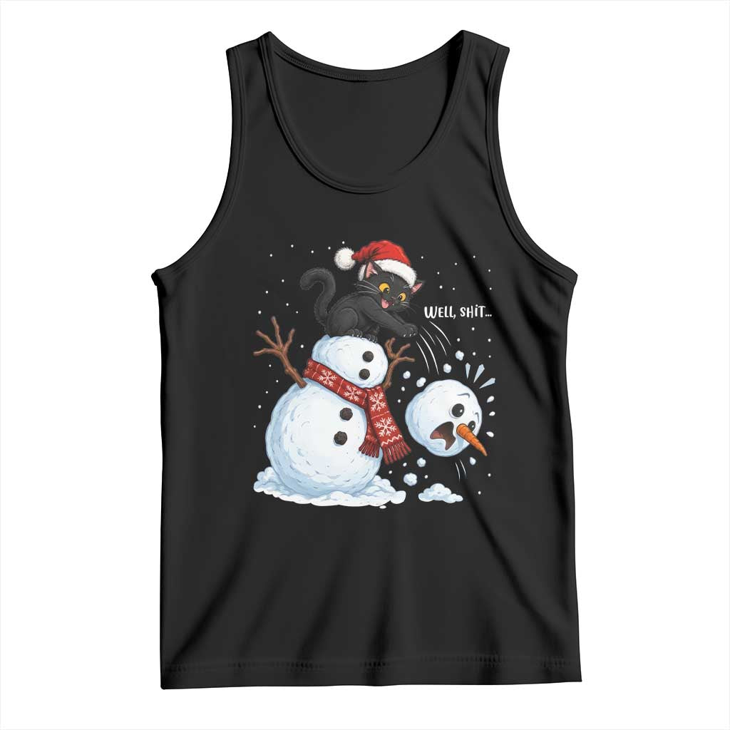 Funny Well Shit Black Cat Tank Top Knocking Over Snowman Head Christmas