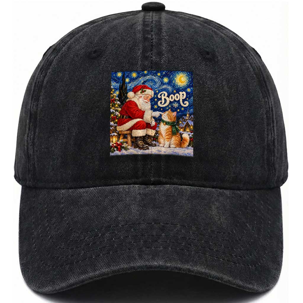 Santa Cat Nose Boop Starry Night Washed Cotton Baseball Cap Funny Christmas Gift