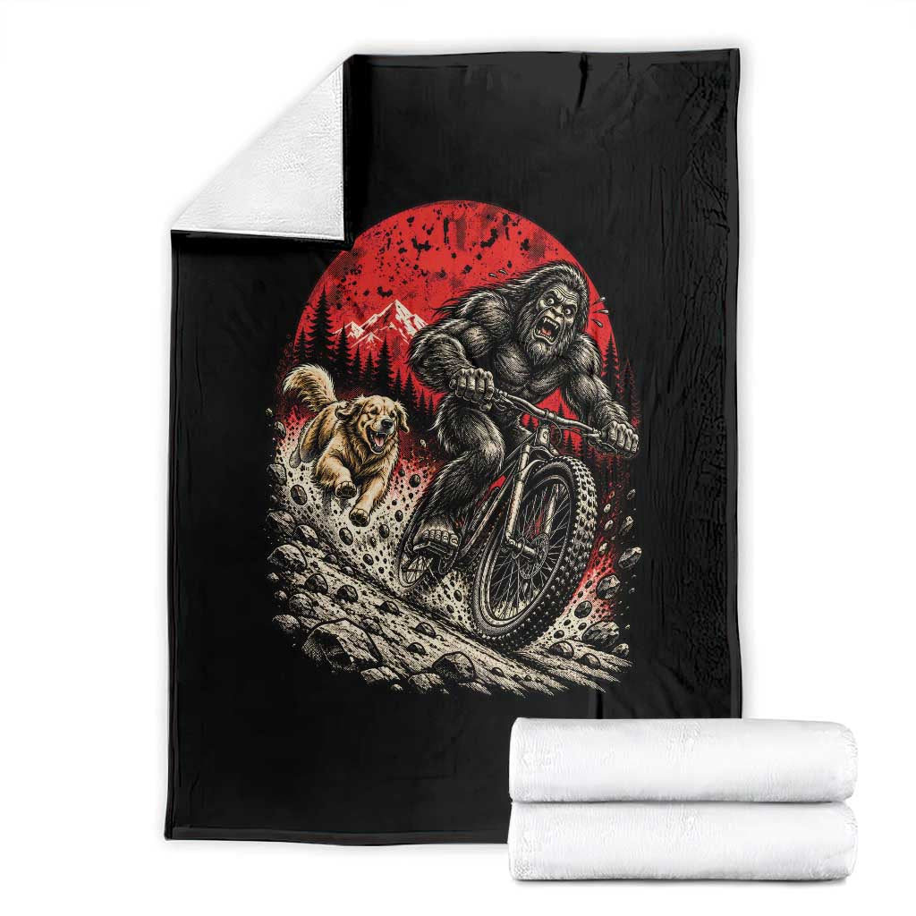 Funny Retriever Dog Chasing Bigfoot Throw Blanket Mountain Biker Adventure