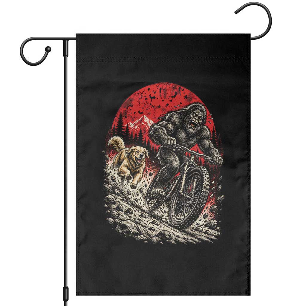 Funny Retriever Dog Chasing Bigfoot Garden Flag Mountain Biker Adventure