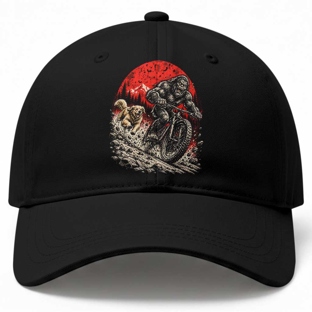 Funny Retriever Dog Chasing Bigfoot Baseball Cap Mountain Biker Adventure