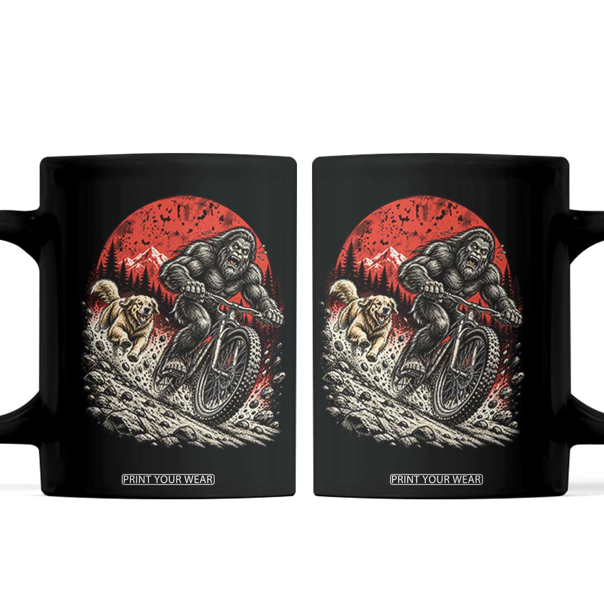Funny Retriever Dog Chasing Bigfoot Coffee Mug Mountain Biker Adventure