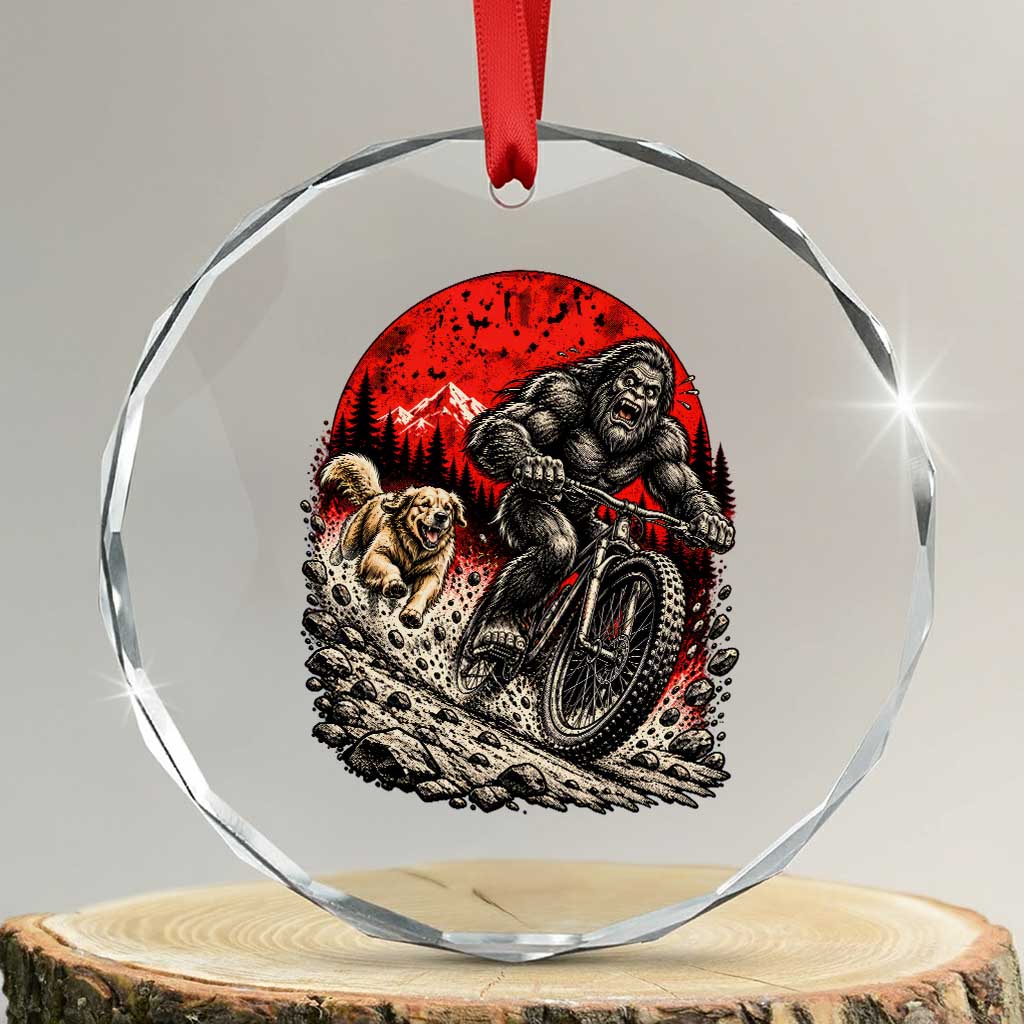 Funny Retriever Dog Chasing Bigfoot Crystal Glass Ornament Mountain Biker Adventure