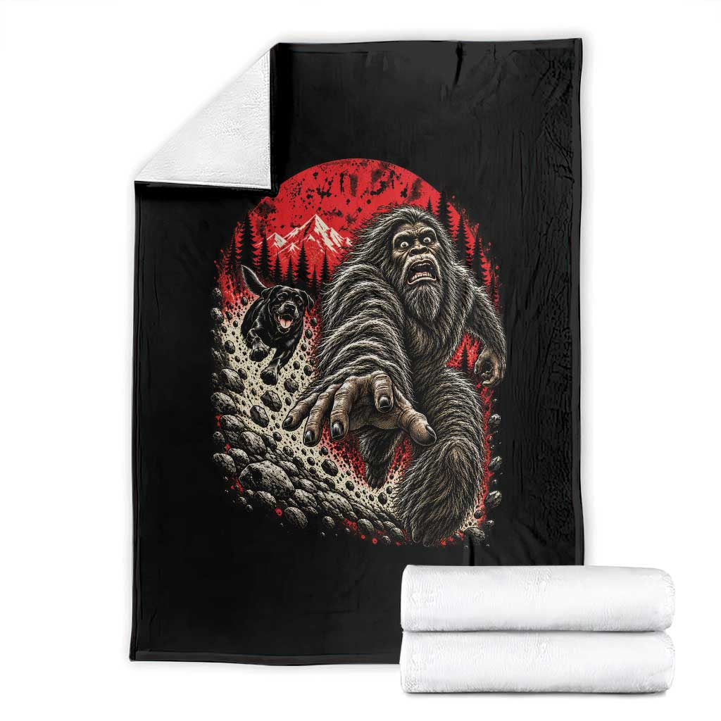 Black Labrador Chasing Bigfoot Throw Blanket Funny Running Cryptid Adventure