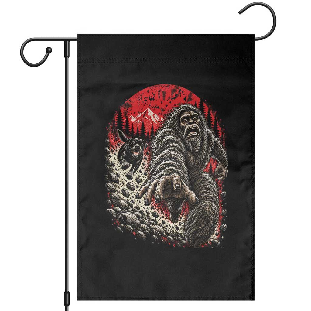 Black Labrador Chasing Bigfoot Garden Flag Funny Running Cryptid Adventure