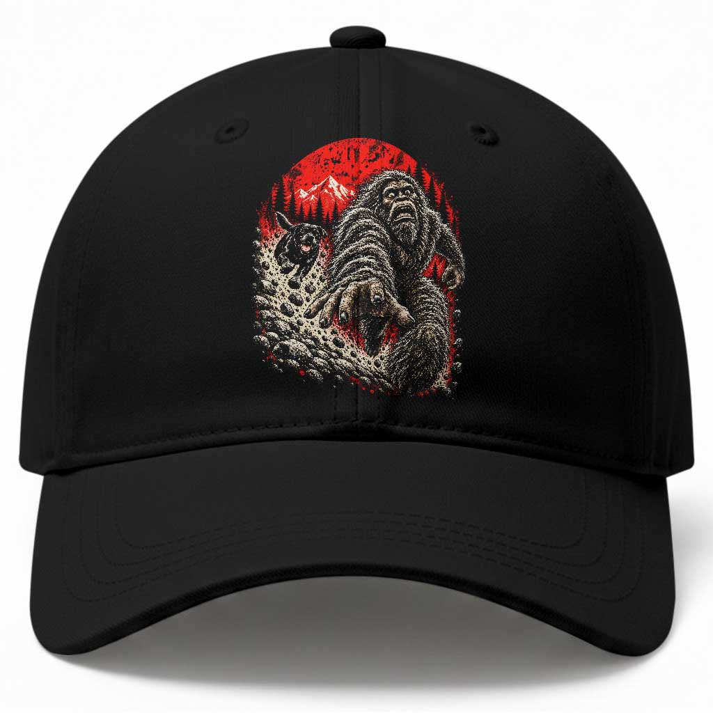 Black Labrador Chasing Bigfoot Baseball Cap Funny Running Cryptid Adventure