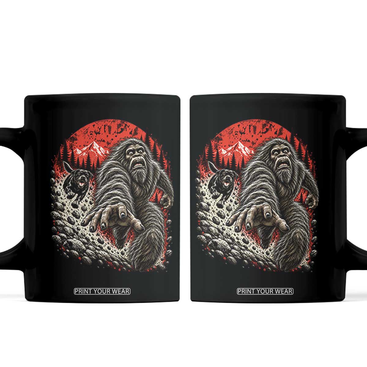 Black Labrador Chasing Bigfoot Coffee Mug Funny Running Cryptid Adventure