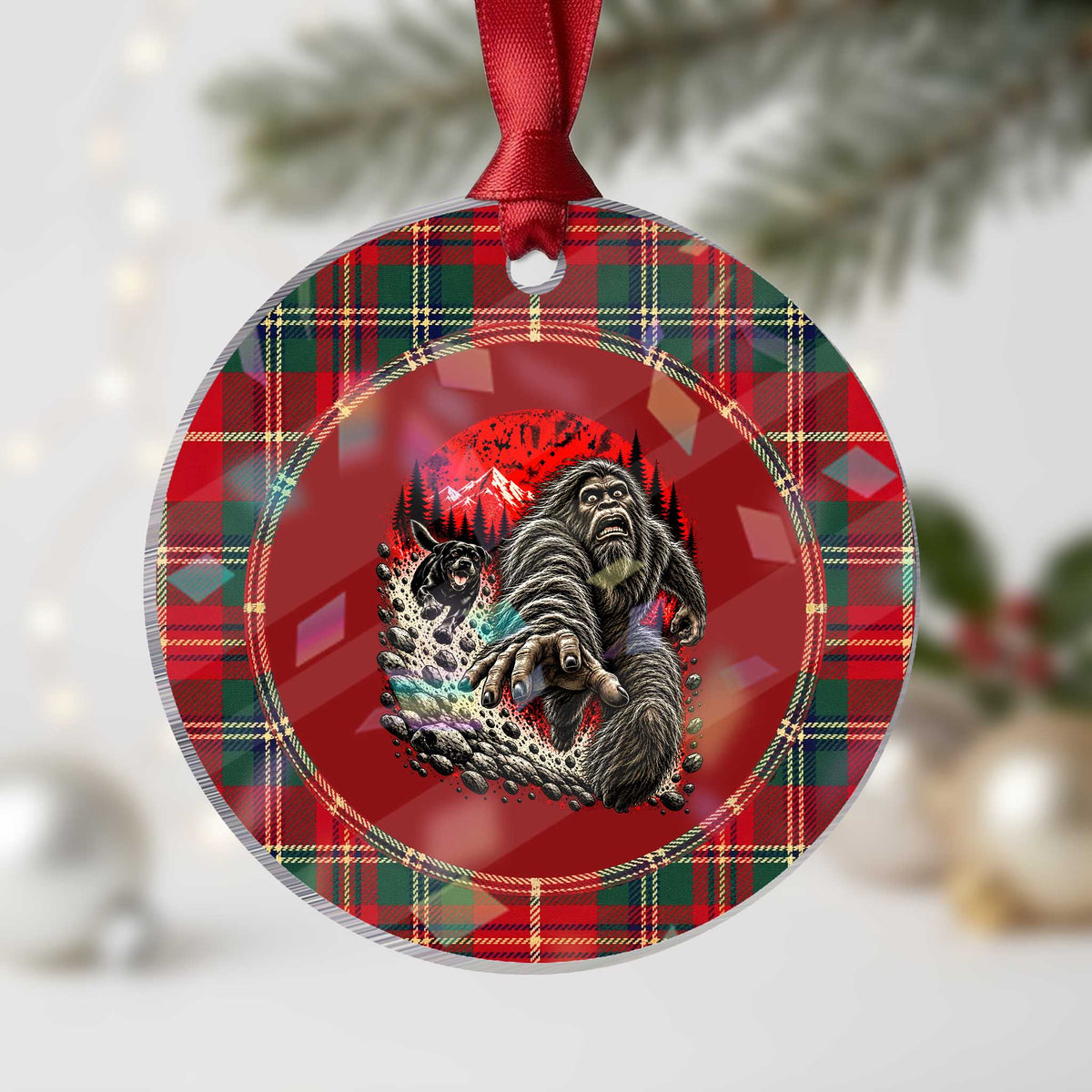 Black Labrador Chasing Bigfoot Holographic Acrylic Ornament Funny Running Cryptid Adventure