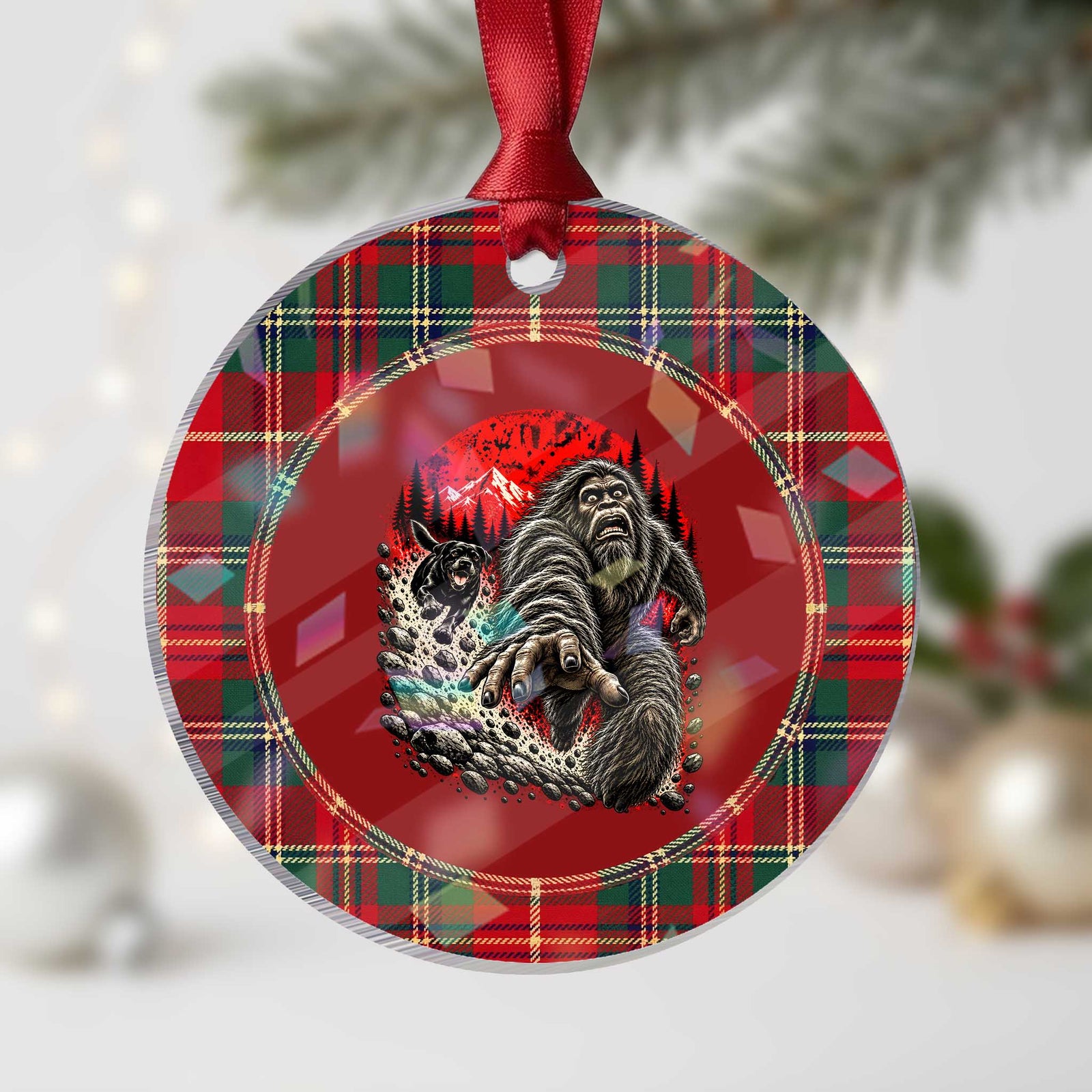 Black Labrador Chasing Bigfoot Holographic Acrylic Ornament Funny Running Cryptid Adventure