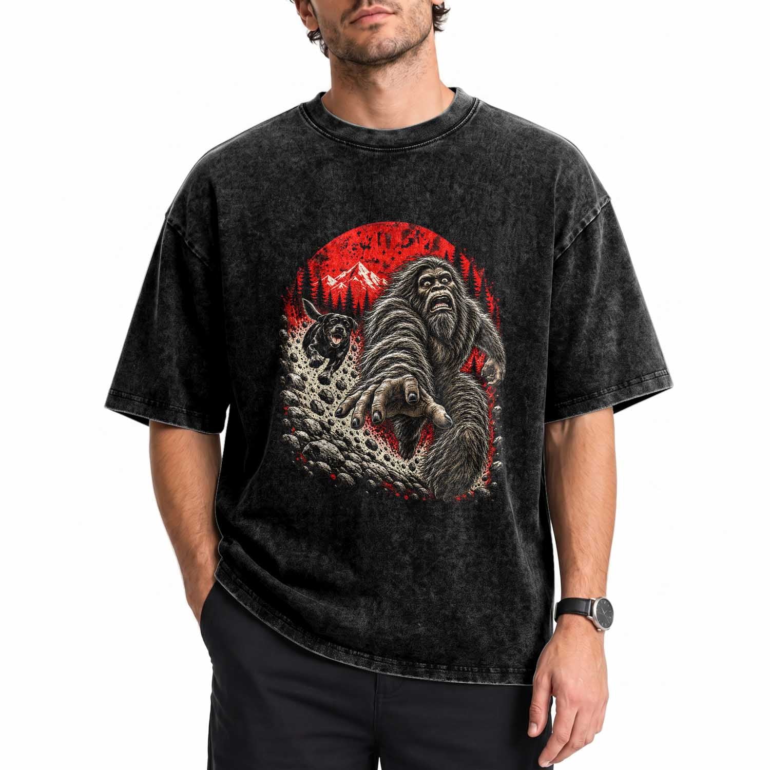 Black Labrador Chasing Bigfoot Washed Cotton T-Shirt Funny Running Cryptid Adventure