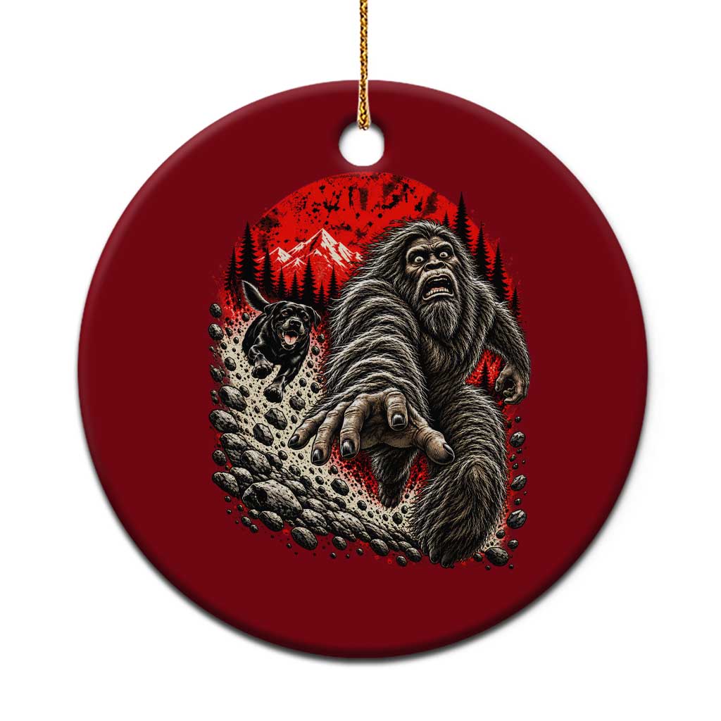 Black Labrador Chasing Bigfoot Ceramic Ornament Funny Running Cryptid Adventure