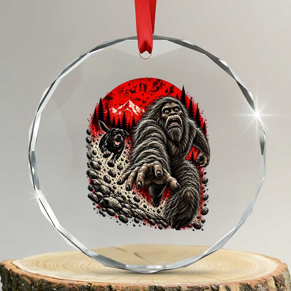 Black Labrador Chasing Bigfoot Crystal Glass Ornament Funny Running Cryptid Adventure