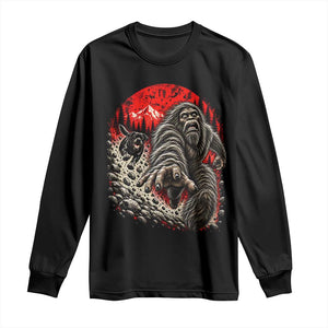 Black Labrador Chasing Bigfoot Long Sleeve Shirt Funny Running Cryptid Adventure