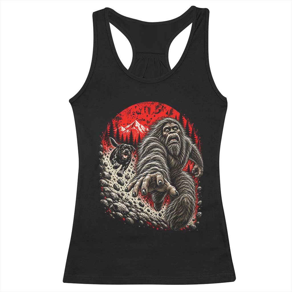 Black Labrador Chasing Bigfoot Racerback Tank Top Funny Running Cryptid Adventure