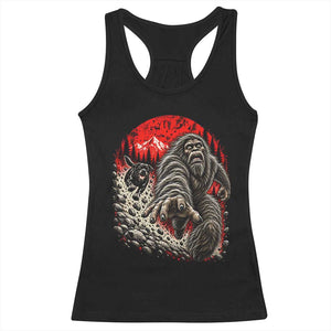 Black Labrador Chasing Bigfoot Racerback Tank Top Funny Running Cryptid Adventure