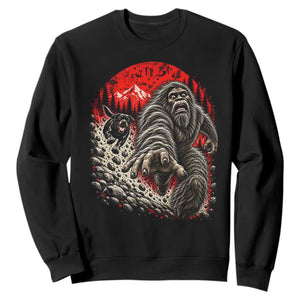 Black Labrador Chasing Bigfoot Sweatshirt Funny Running Cryptid Adventure