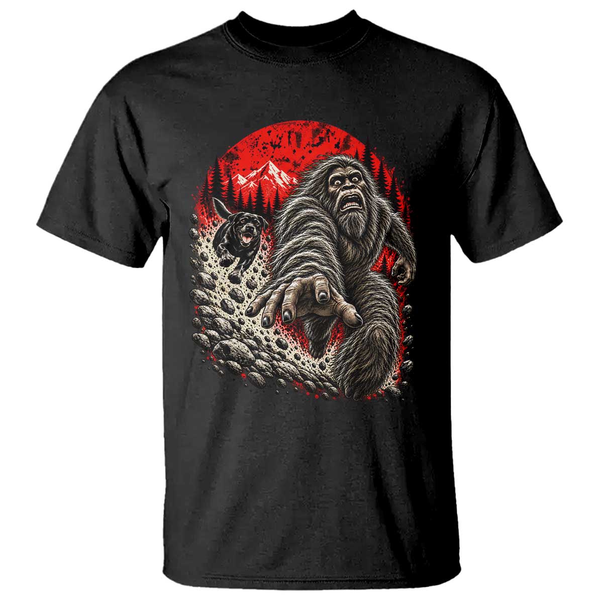 Black Labrador Chasing Bigfoot T Shirt Funny Running Cryptid Adventure