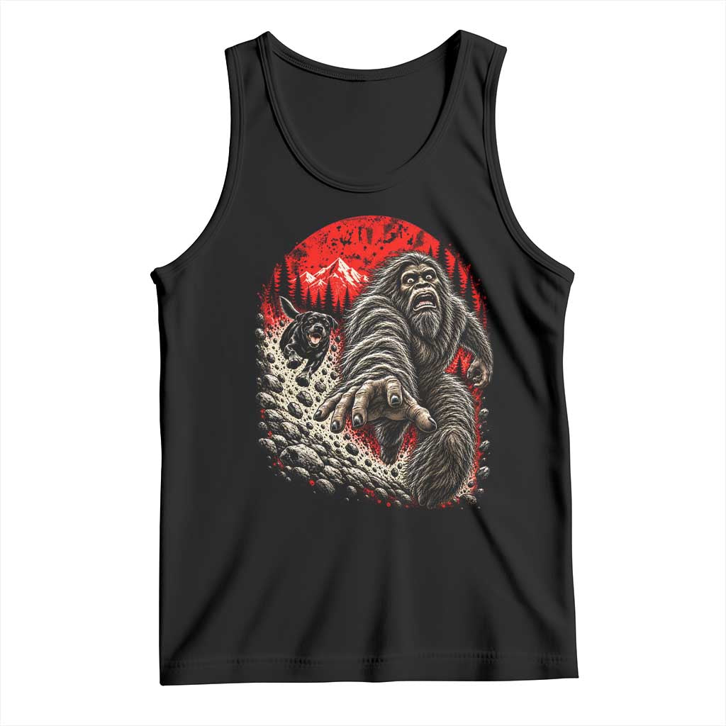 Black Labrador Chasing Bigfoot Tank Top Funny Running Cryptid Adventure