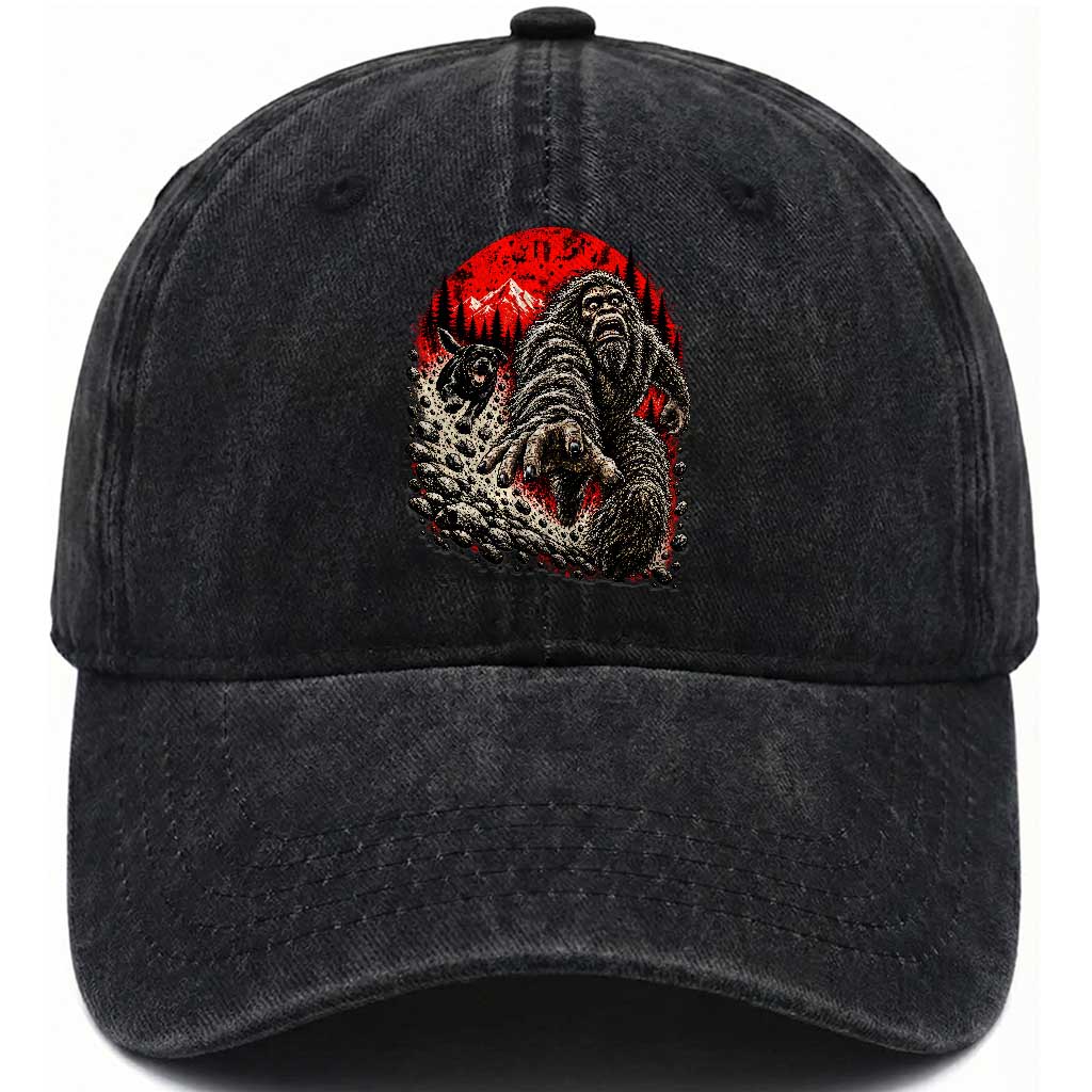 Black Labrador Chasing Bigfoot Washed Cotton Baseball Cap Funny Running Cryptid Adventure