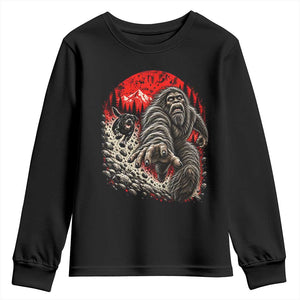 Black Labrador Chasing Bigfoot Youth Sweatshirt Funny Running Cryptid Adventure