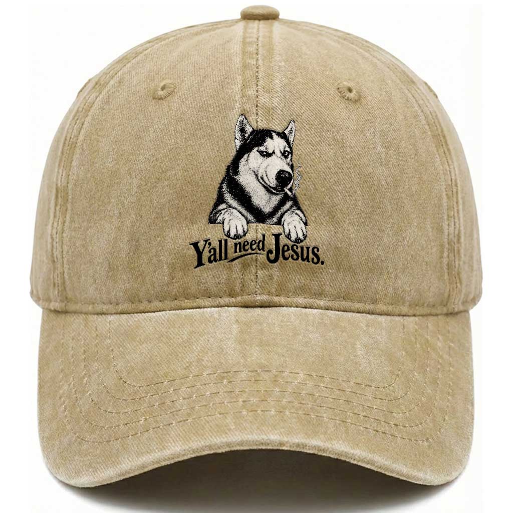 Funny Husky Yall Need Jesus Washed Cotton Baseball Cap Siberian Smoking Dog Meme Face Gift