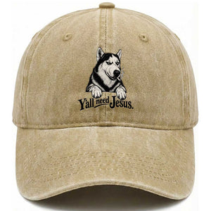 Funny Husky Yall Need Jesus Washed Cotton Baseball Cap Siberian Smoking Dog Meme Face Gift