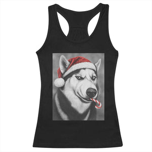 Funny Christmas Husky Candy Cane Meme Racerback Tank Top Santa Dog Humor