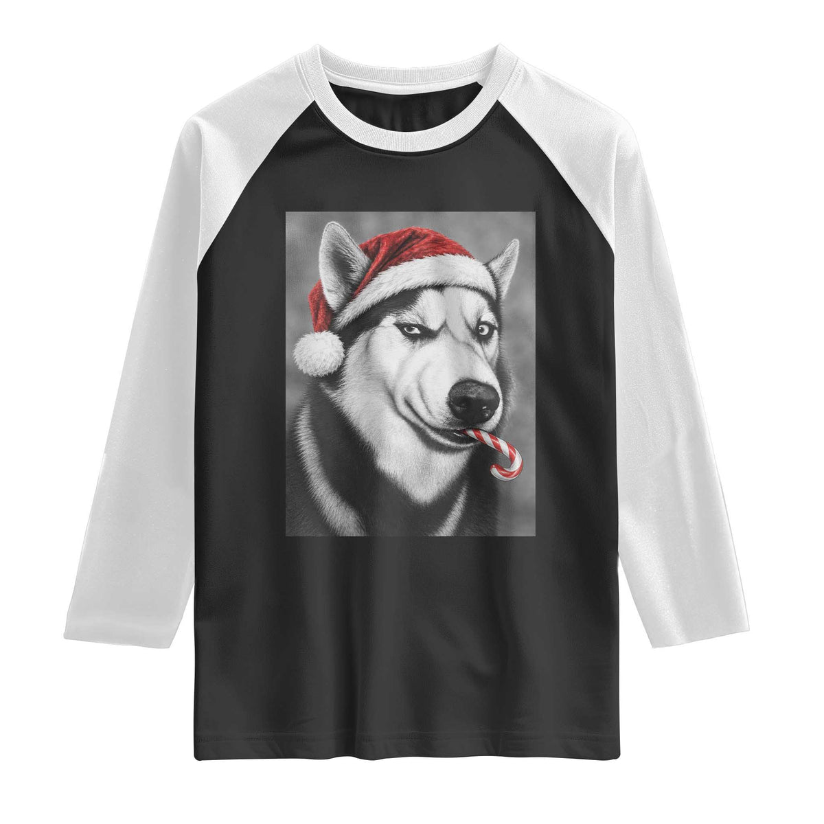 Funny Christmas Husky Candy Cane Meme Raglan Shirt Santa Dog Humor