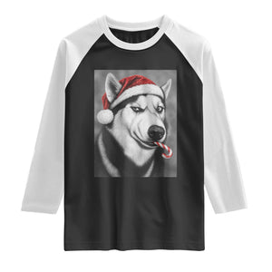 Funny Christmas Husky Candy Cane Meme Raglan Shirt Santa Dog Humor