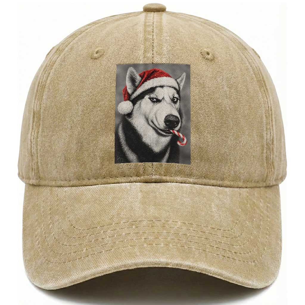 Funny Christmas Husky Candy Cane Meme Washed Cotton Baseball Cap Santa Dog Humor