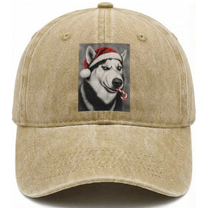 Funny Christmas Husky Candy Cane Meme Washed Cotton Baseball Cap Santa Dog Humor
