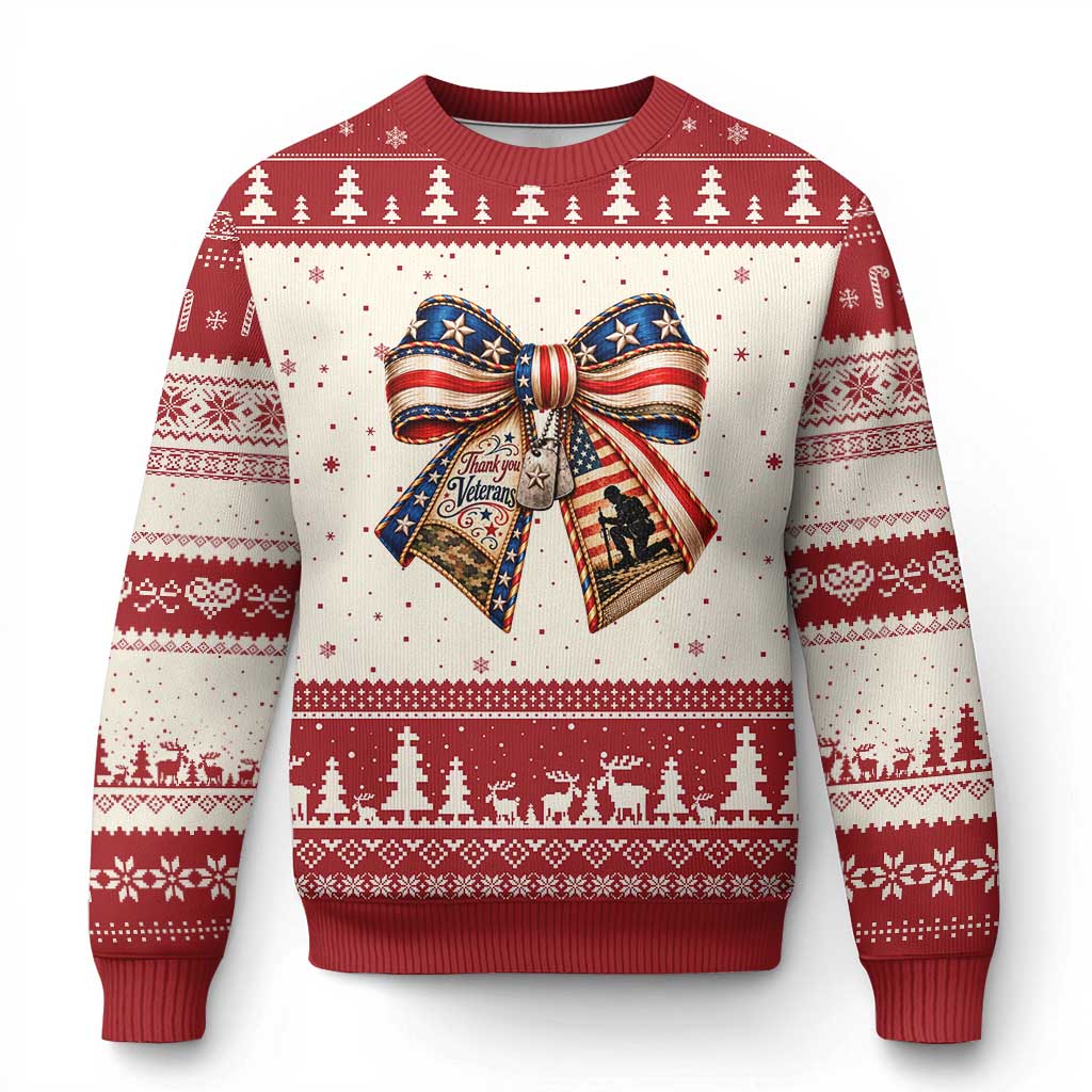 American Flag Veterans Bow Ugly Christmas Sweater Thank You Military Gift