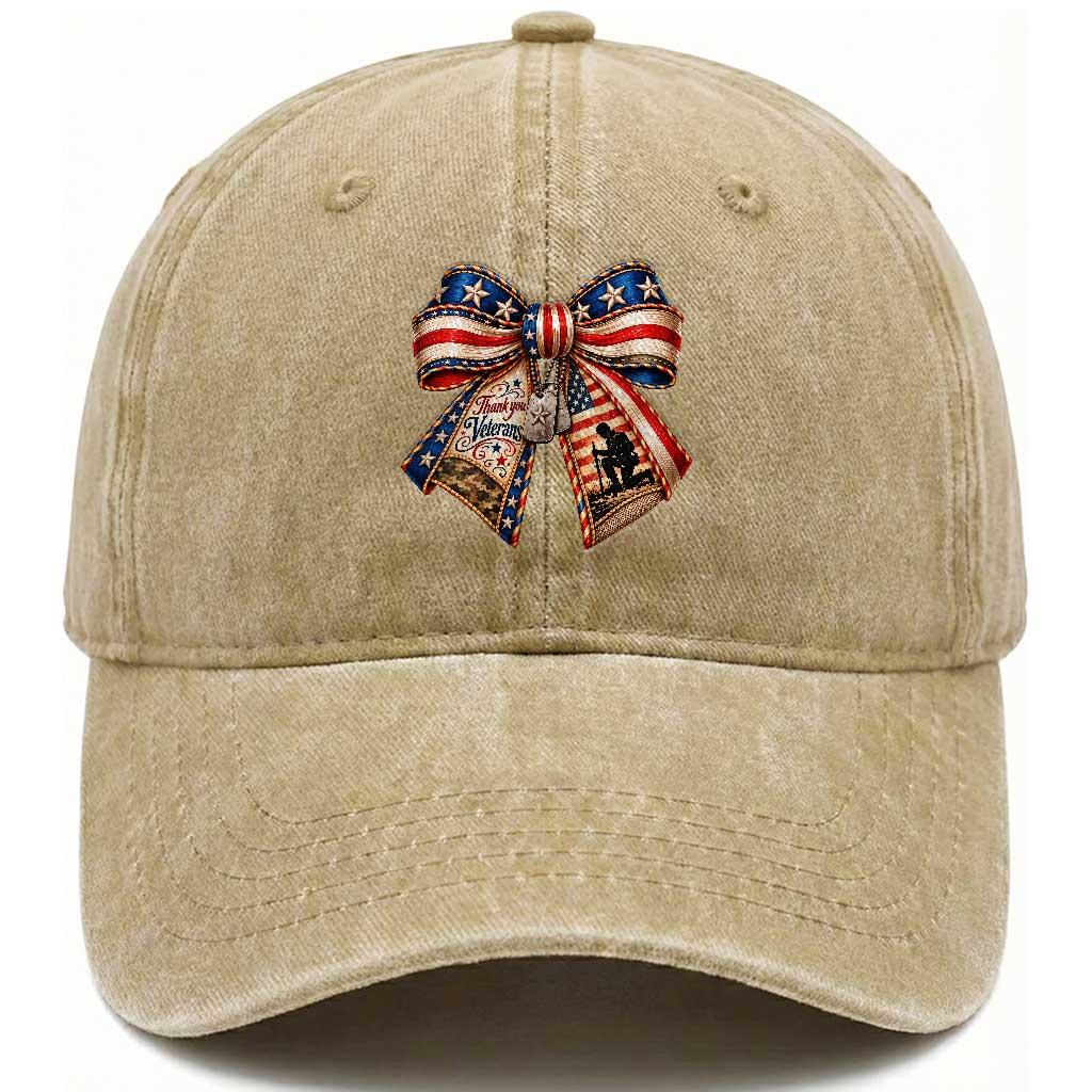 American Flag Veterans Bow Washed Cotton Baseball Cap Thank You Military Gift