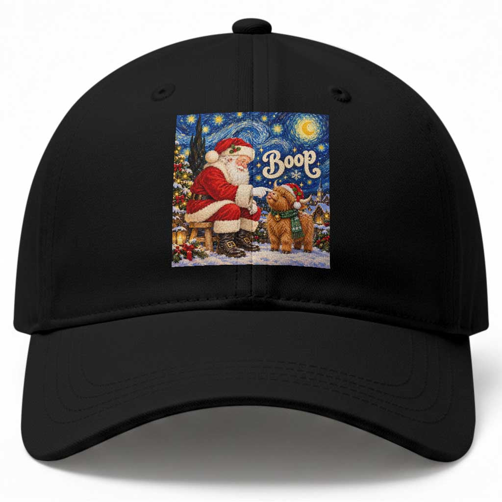 Santa Highland Cow Nose Boop Starry Night Baseball Cap Funny Christmas Gift