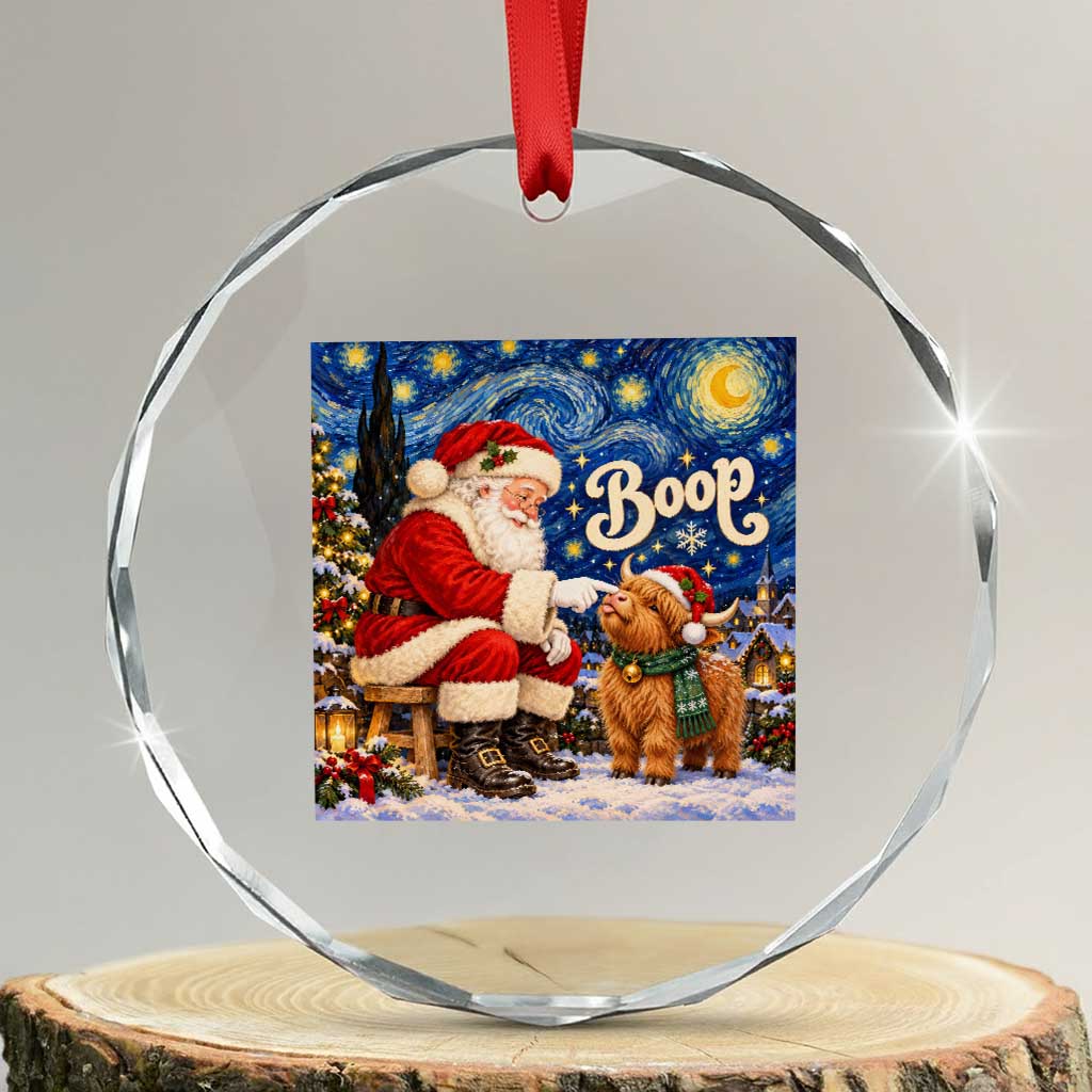Santa Highland Cow Nose Boop Starry Night Crystal Glass Ornament Funny Christmas Gift